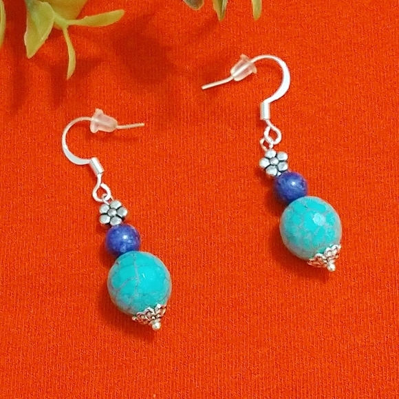 Boho Turquoise Blue Flower Dangle Earrings - Picture 1 of 3